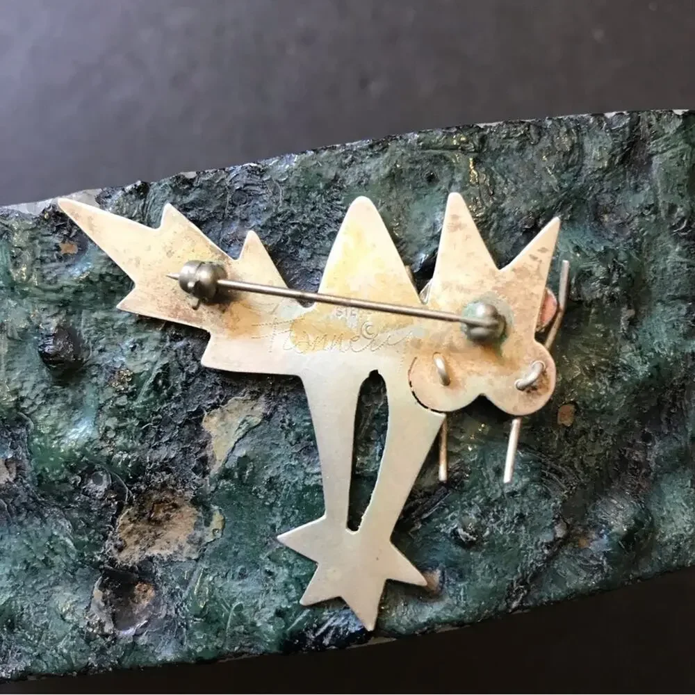 Vintage Sterling Silver 80s Cat Pin, This Cat is in a Tizzy! Signed by Artist